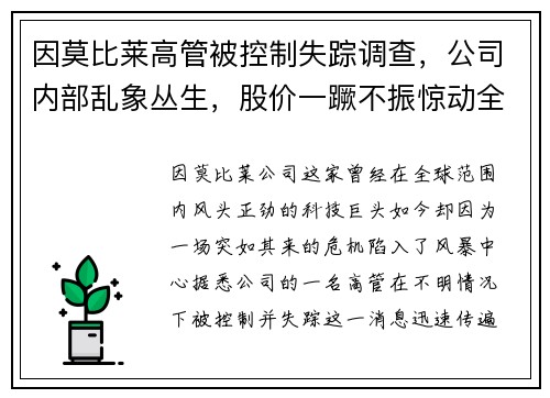 因莫比莱高管被控制失踪调查，公司内部乱象丛生，股价一蹶不振惊动全球股市！